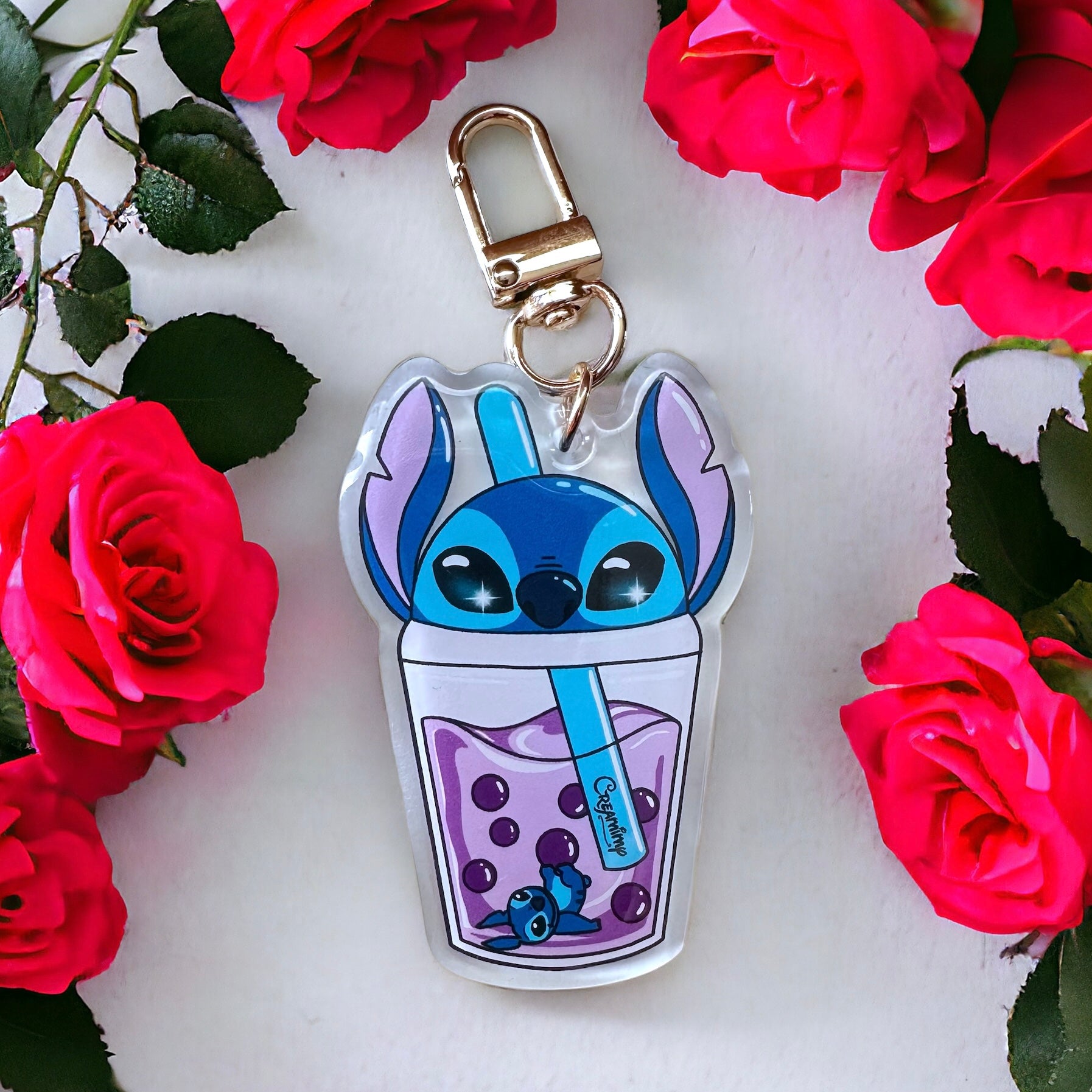 Porte clé bubble tea Stitch bleue 